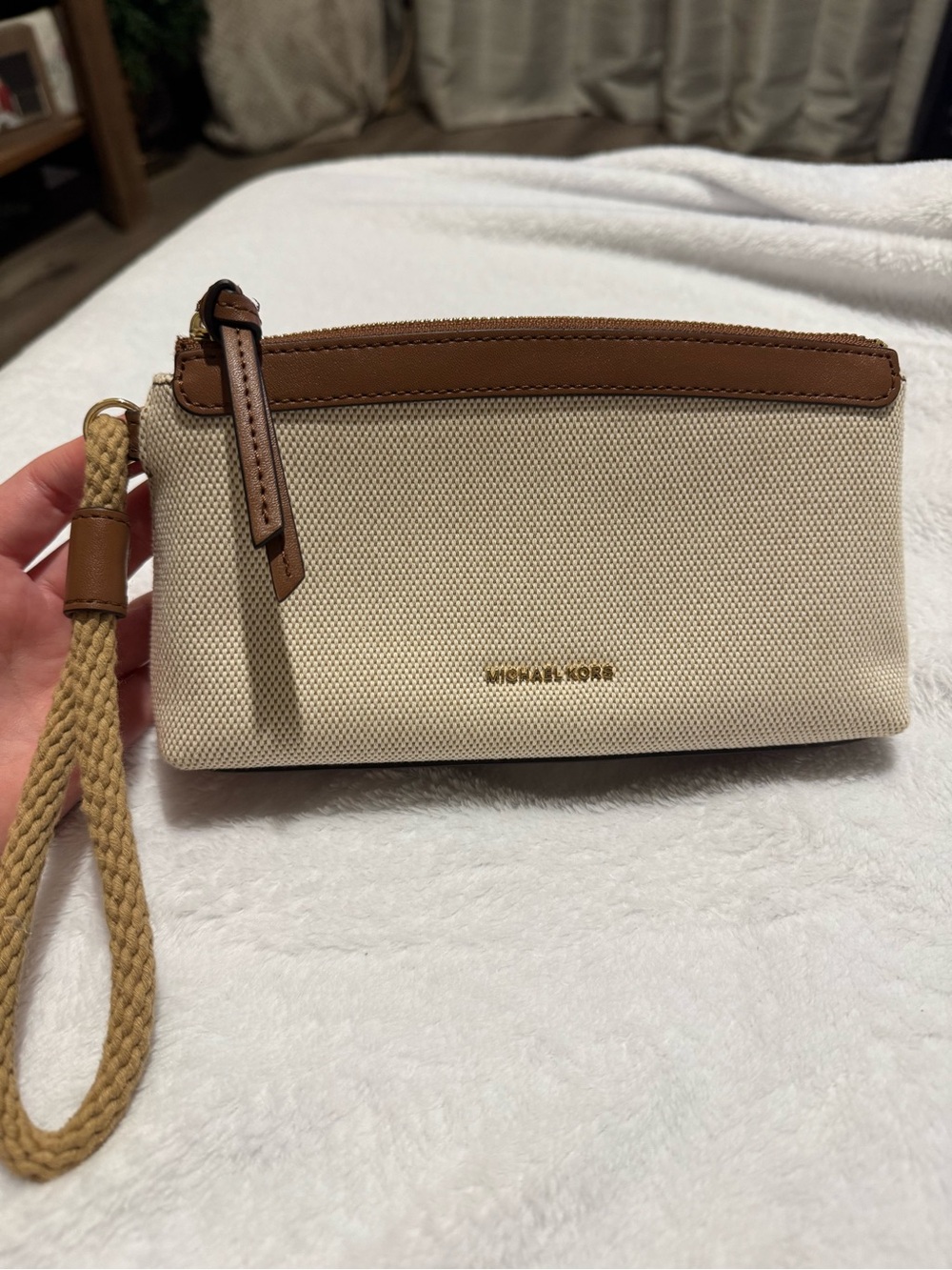 Michael Kors Talia Beige Canvas & Brown Leather Wristlet